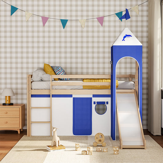198cm W x 214cm D Toddler Castle Pine Wood Loft Bed, with Slide and Tent