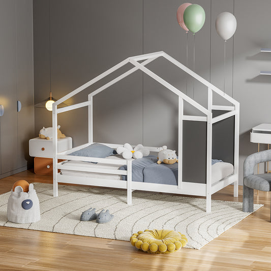 197cm W x 97cm D Kid’s Bed with House Frame Pine Wood, with Blackboard