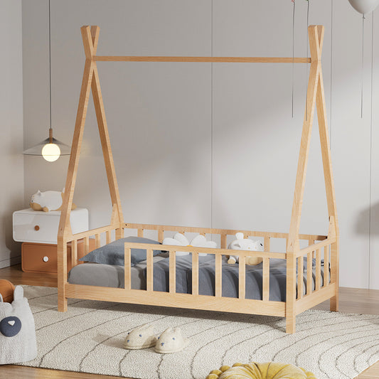 148cm W x 76cm D Kid’s Premium Wood House Bed Frame,  with Fence