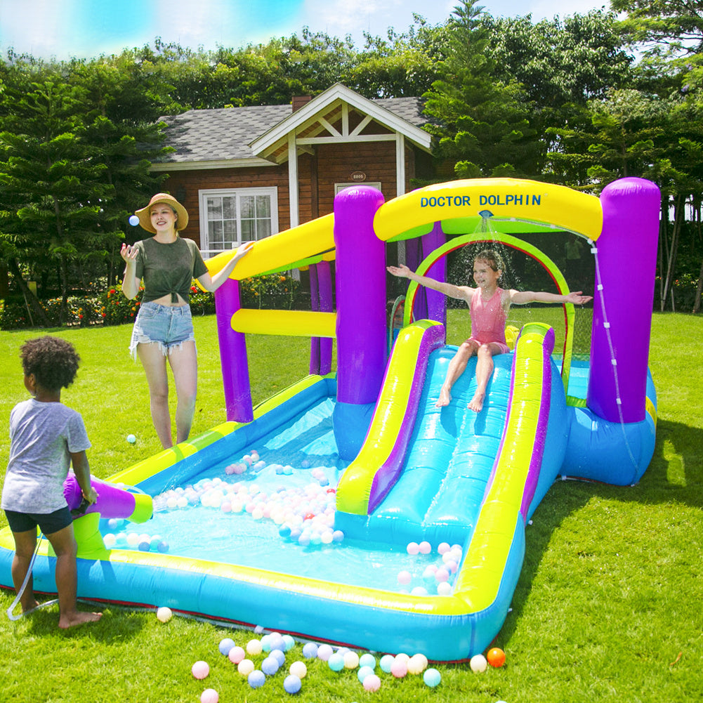 285cm W x 180cm H Kids Inflatable Bounce House  and Waterslide Splash Pool ,with Air Blower,