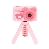 Kids HD camera with dual lens, tripod, and pink bear case for girls – full view