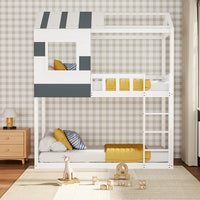 198cm modern twin bunk bed with house-shaped frame and slatted board – front view