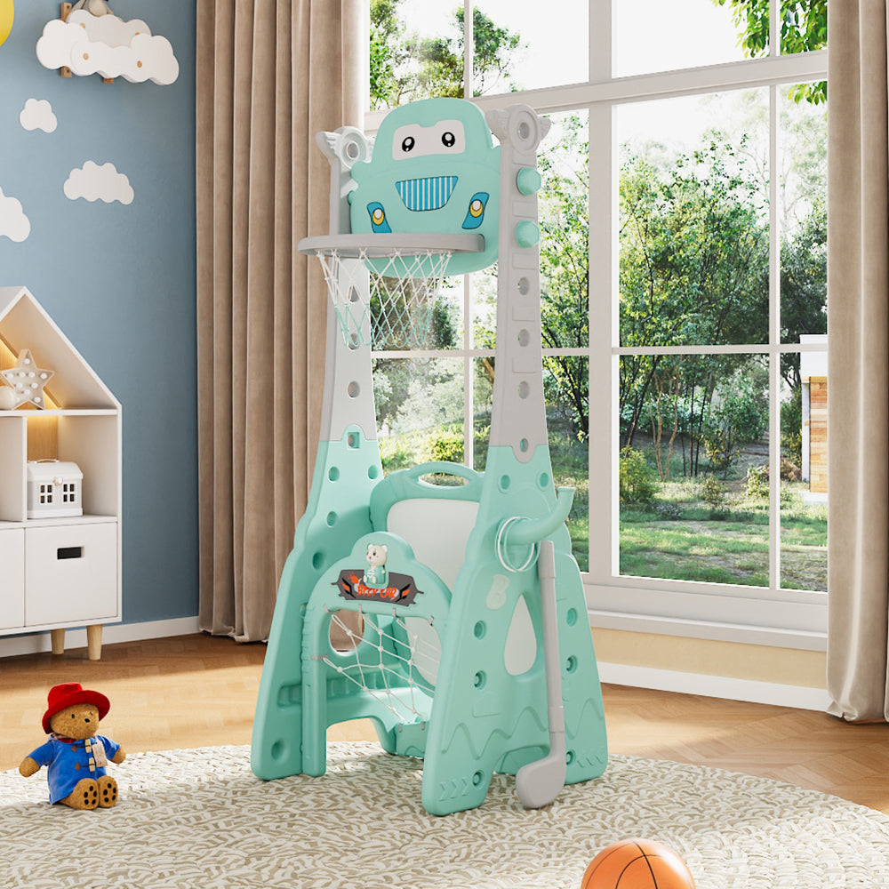 Indoor Scene of Kids Adjustable Basketball Hoop Multi Sports Activity Set with Drawing Board