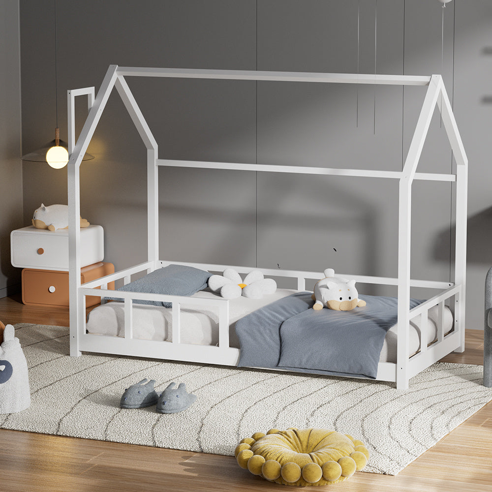 166cm kids bed with house frame – solid pine wood – front view