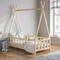 148cm W x 76cm D Kids Premium Wood House Bed Frame with Fence
