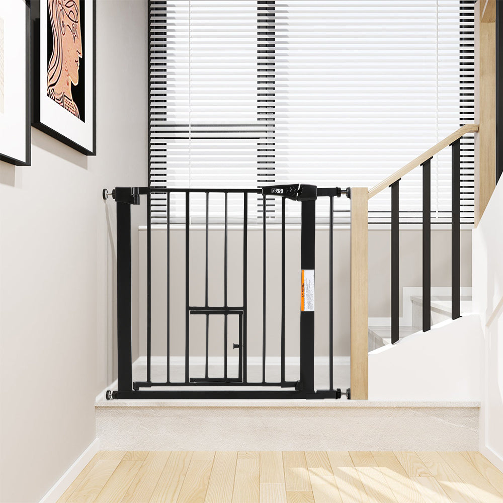 Baby safety gate with pet door and silent closer, no-drill press fit design – main image