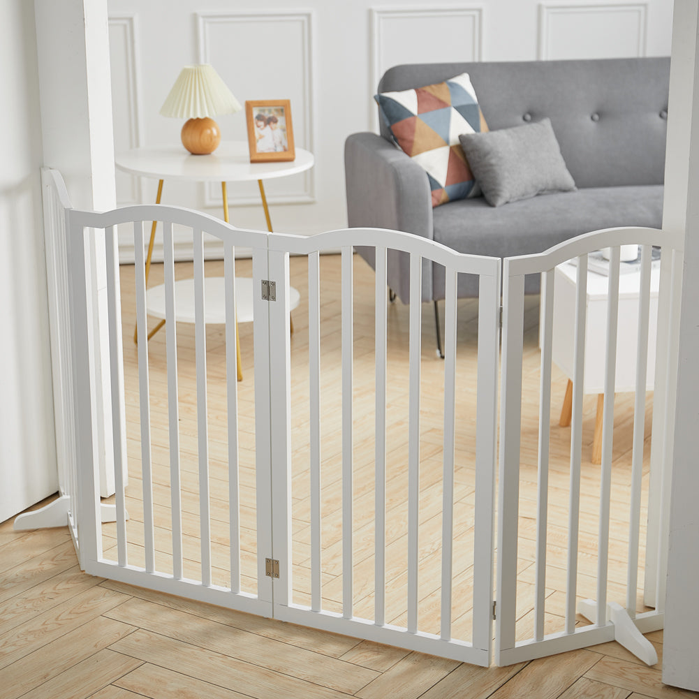 4-panel freestanding wooden baby safety gate and foldable room divider – full view