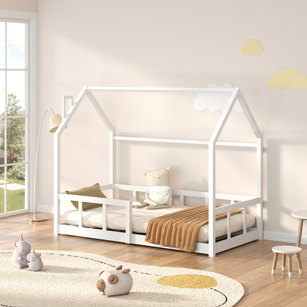 White solid pine kids house floor bed frame – 167cm wide – front view
