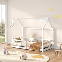 White solid pine kids house floor bed frame – 167cm wide – front view