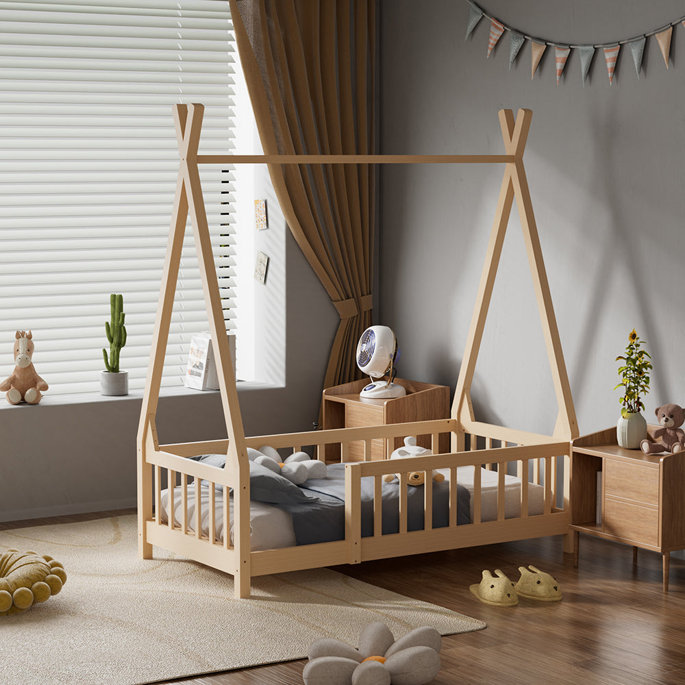 147cm wide Montessori floor bed for kids with house frame – solid pine wood