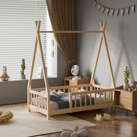 147cm wide Montessori floor bed for kids with house frame – solid pine wood