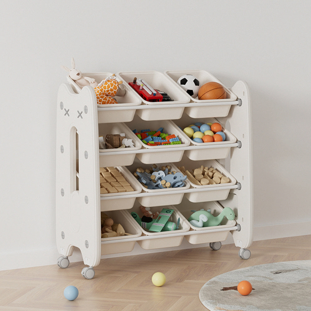 76cm wide 4-tier toy storage organizer with 12 removable bins – front view
