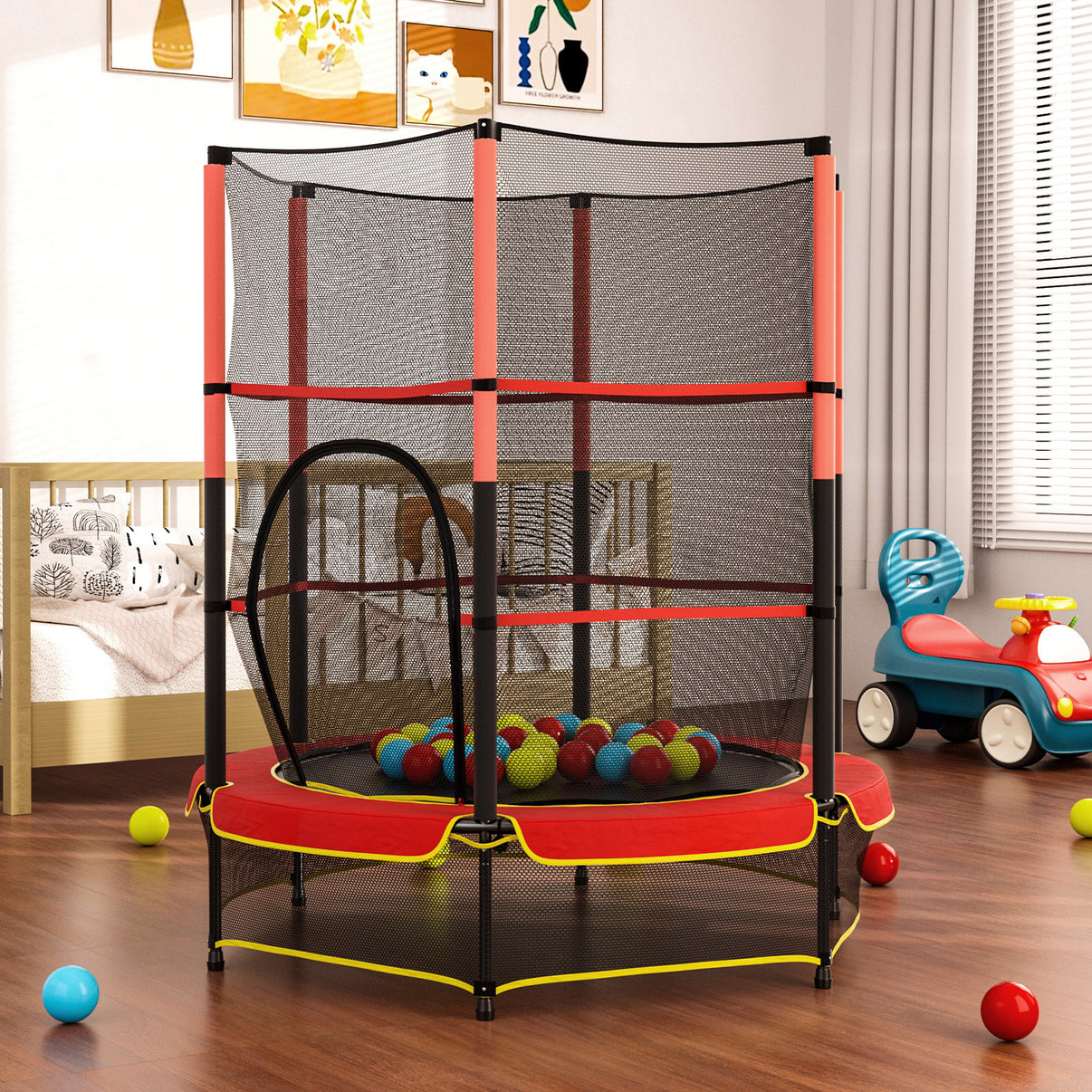 160cm high kids trampoline with high safety enclosure net – full view