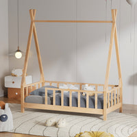 148cm W x 76cm D Kids Premium Wood House Bed Frame with Fence