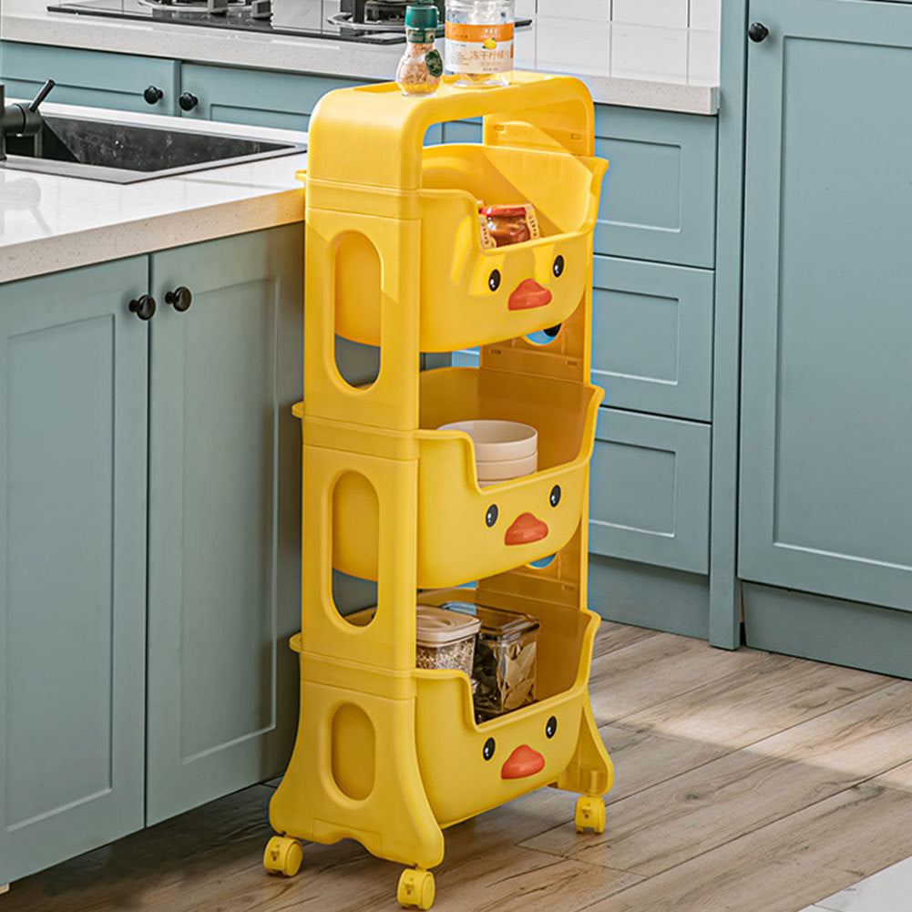 Mobile 3-tier kids toy storage rack with colorful bins – 95cm tall, front view