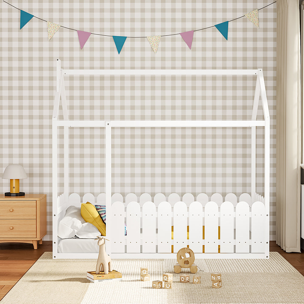 199cm wooden house kid bed with fence and roof – front view