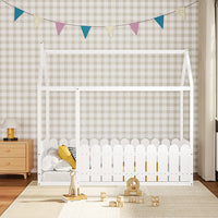 199cm wooden house kid bed with fence and roof – front view