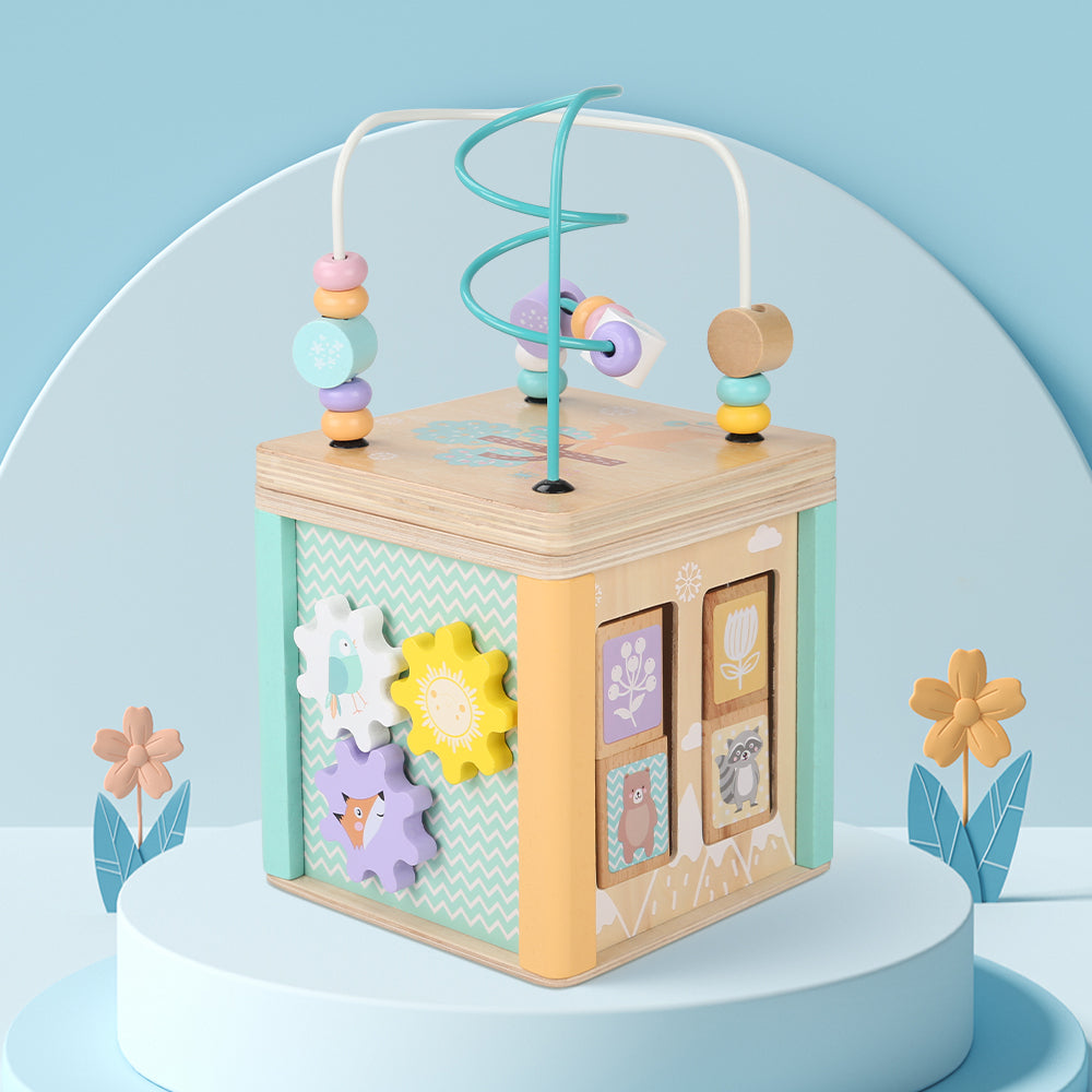 Montessori wooden activity cube toy for kids early learning and play – full view