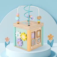 Montessori wooden activity cube toy for kids early learning and play – full view