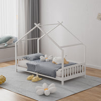 White solid pine kids house floor bed frame – 197cm wide – front view