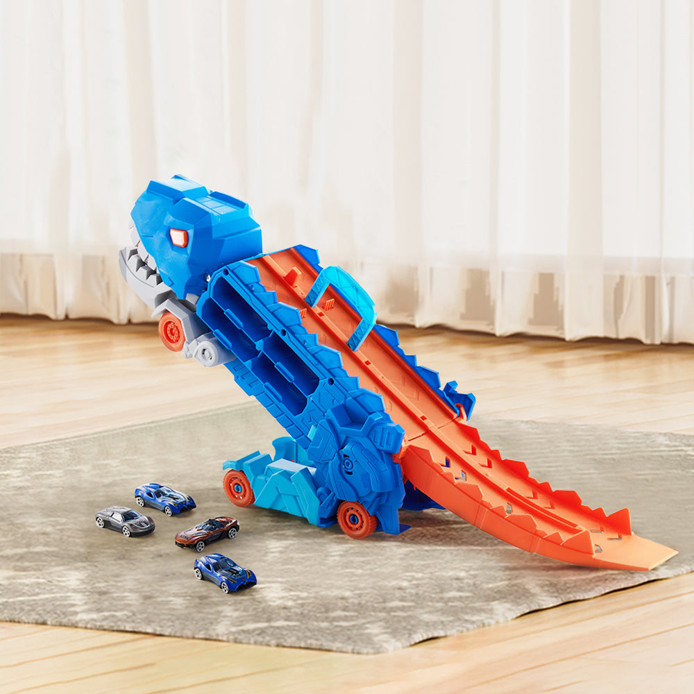 Dinosaur transforming kids toy truck with car race track – full view