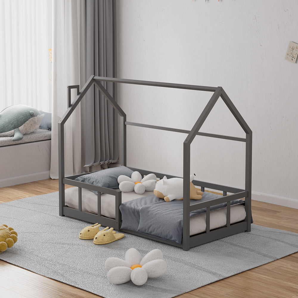 Grey Montessori floor bed for kids with house frame – 167cm wide solid pine